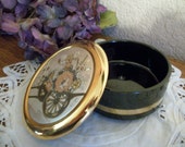 Powder Dish Art of Chokin Black Porcelain Covered Jewelry Box 24k Gold Floral Design Asian Japanese Collectible Vintage Home Decor
