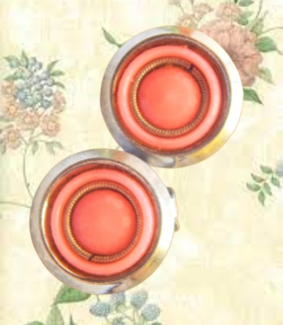 Clip On Earrings Peach Coral  Round Silver Metal … - image 7