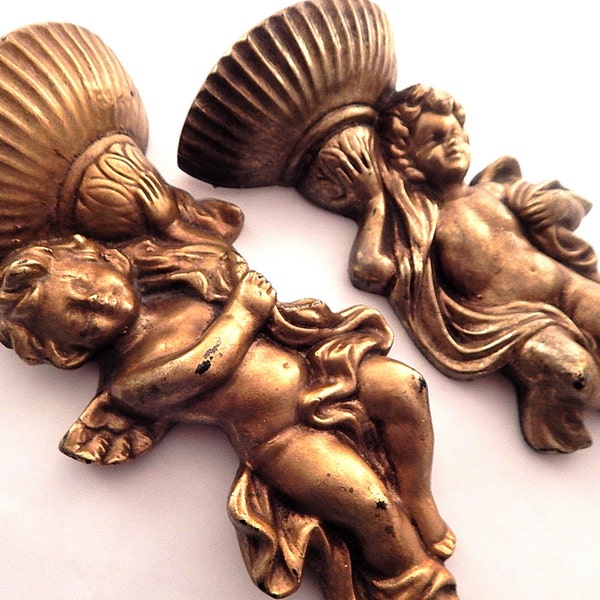 Cherub Wall Hanging Two Vintage Angel Wall Pockets Antique Gold Planter Renaissance Baroque Victorian Plaque Home Decor