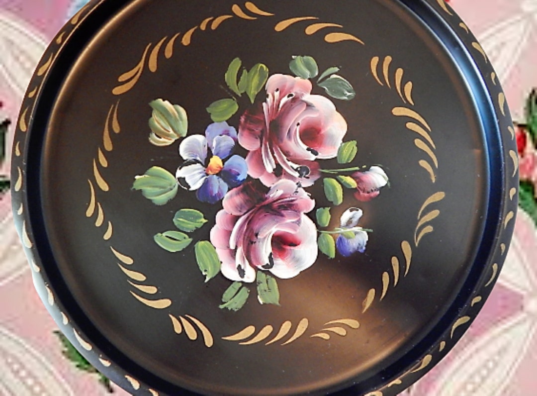 Nashco Vanity Tray Hand Painted Metal Pink Floral Rose Vintage 1940s ...