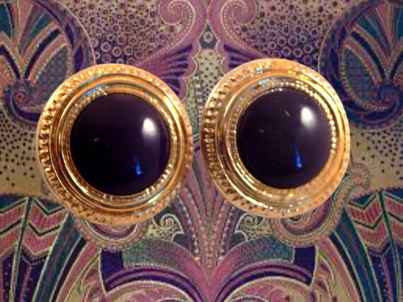 Dome Earrings Big Round Gold and Purple Vintage 1… - image 5