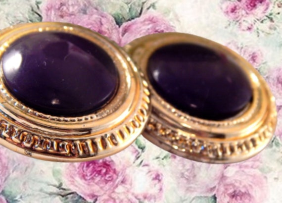 Dome Earrings Big Round Gold and Purple Vintage 1… - image 9