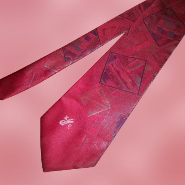 Mens Neck Tie Don Loper Beverly Hills Polyester Silk Blend Red Geometric Print Vintage Necktie American Made in the USA Formal Accessory