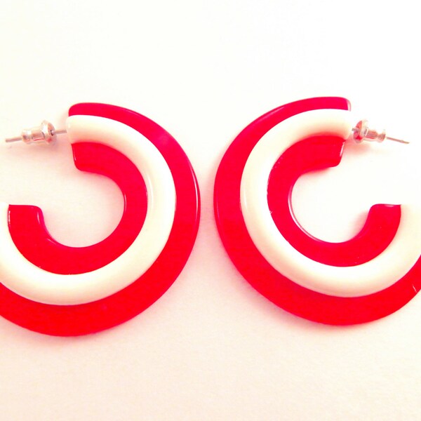 Hoop Earrings Big Bold Red and White Vintage 1980's Hip Hop Fashion Jewelry Lightweight Resin Pierced Ear Earrings