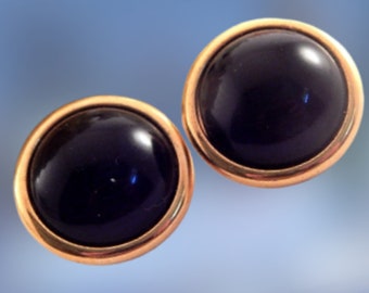 Blue Dark Purple Dome Disc Earrings Round Gold Metal Frames Vintage 1980s Fashion Jewelry Classic Button Earrings for Pierced Ears