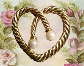 Heart Pearl Brooch Gold Overlay Twisted Rope Coat Pin Vintage 1960s Fashion Jewelry June Birthstone Valentines Mothers Day Gift for Her