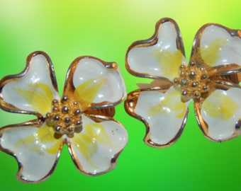 Earrings Clip On White and Yellow Flower Vintage 1960s Enamel Floral Jewelry Mod 1960's Fashion Earrings Gift For Her