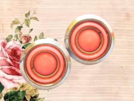 Clip On Earrings Peach Coral  Round Silver Metal … - image 5