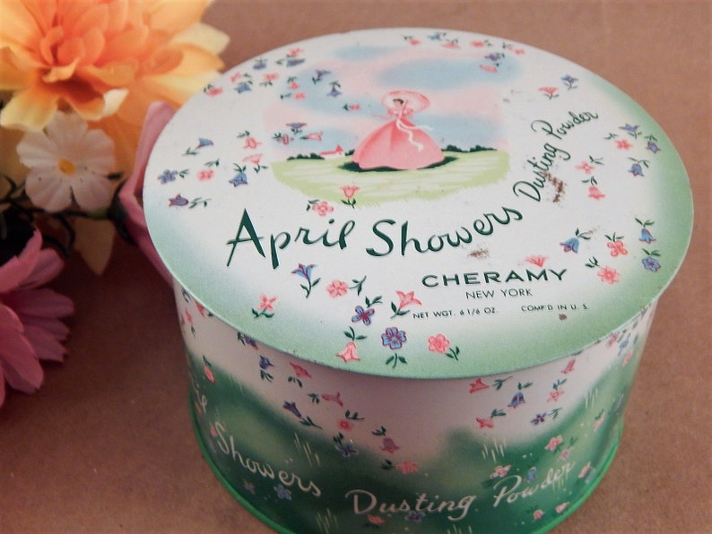 Dusting Powder Tin and Puff Cheramy April Showers Metal Talc Box Floral Canister Vanity Table Decor RARE Vintage 1940s Southern Belle Design