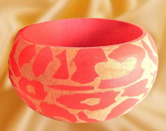 Womens Bracelet Zebra Print Wooden Bangle Orange … - image 1