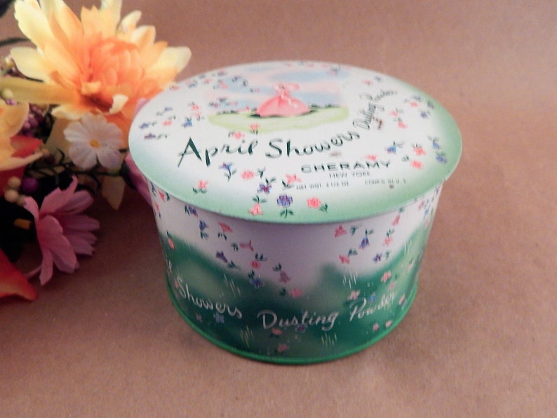 Dusting Powder Tin and Puff Cheramy April Showers Metal Talc Box Floral Canister Vanity Table Decor RARE Vintage 1940s Southern Belle Design