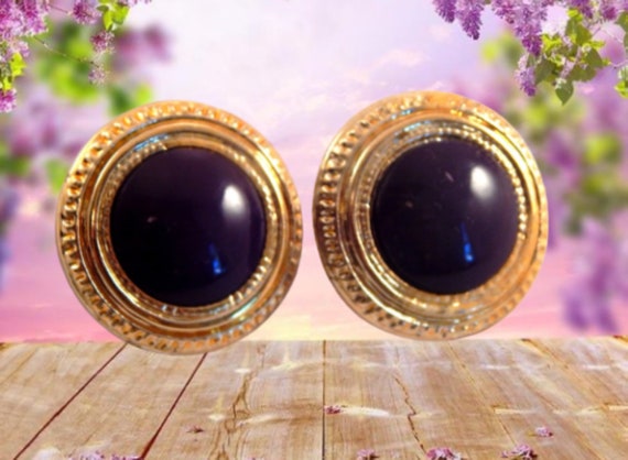 Dome Earrings Big Round Gold and Purple Vintage 1… - image 1