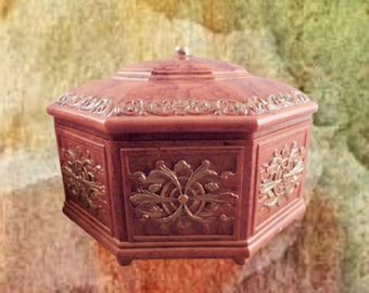 Covered Box 6 Sided Crown Top Mirrored Storage Ornate Faux Myrtlewood Jewelry Case Trinket  Organizer Vintage 1970s Free USA Shipping