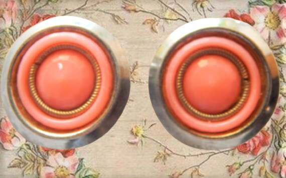 Clip On Earrings Peach Coral  Round Silver Metal … - image 9