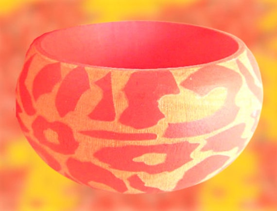 Womens Bracelet Zebra Print Wooden Bangle Orange … - image 5