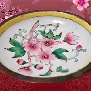 Trinket Dish Pink Lotus Enamel on Copper Bowl Ring Keeper Vintage 1960s Vaniity Boudoir Decor Floral Dresser Top Multipurpose Small Dish