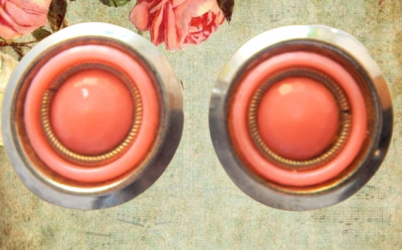Clip On Earrings Peach Coral  Round Silver Metal … - image 6