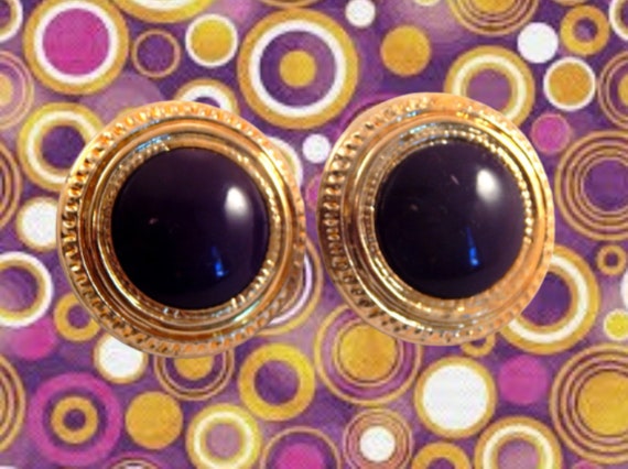 Dome Earrings Big Round Gold and Purple Vintage 1… - image 3