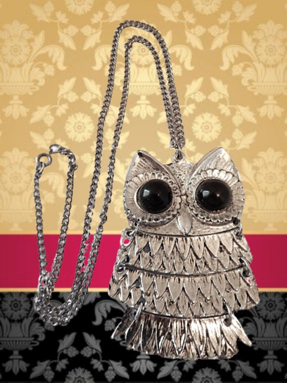 Owl Pendant Necklace Vintage 1960s Silver Metal M… - image 2