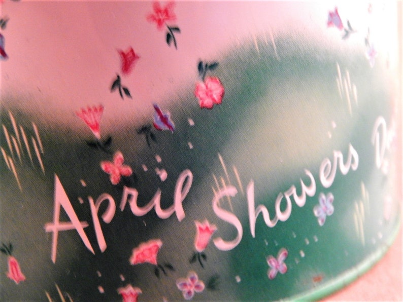 Dusting Powder Tin and Puff Cheramy April Showers Metal Talc Box Floral Canister Vanity Table Decor RARE Vintage 1940s Southern Belle Design