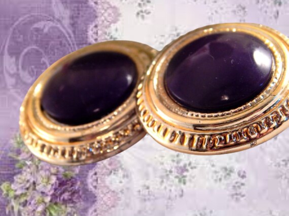 Dome Earrings Big Round Gold and Purple Vintage 1… - image 2