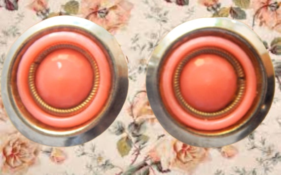 Clip On Earrings Peach Coral  Round Silver Metal … - image 2