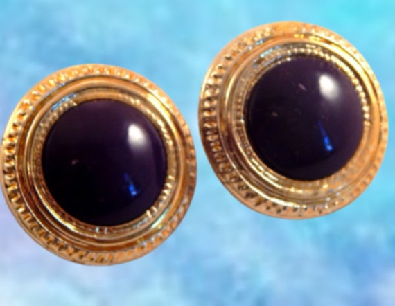 Dome Earrings Big Round Gold and Purple Vintage 1… - image 6