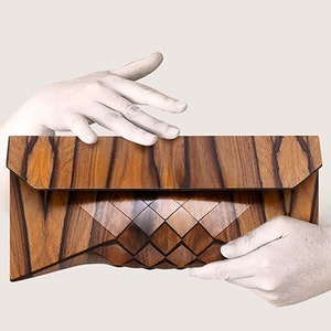 Rose clutch, Rosewood clutch, Geometric wood evening bag, Modern luxury designer handbag. image 3