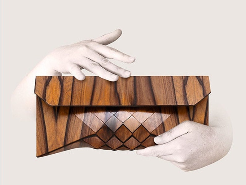 Rose clutch, Rosewood clutch, Geometric wood evening bag, Modern luxury designer handbag. image 3