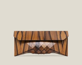 Rose clutch, Rosewood clutch, Geometric wood evening bag, Modern luxury designer handbag.