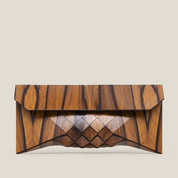 Embrague de rosas, Embrague de palisandro, Bolso de noche de madera geométrico, Bolso de diseñador de lujo moderno.