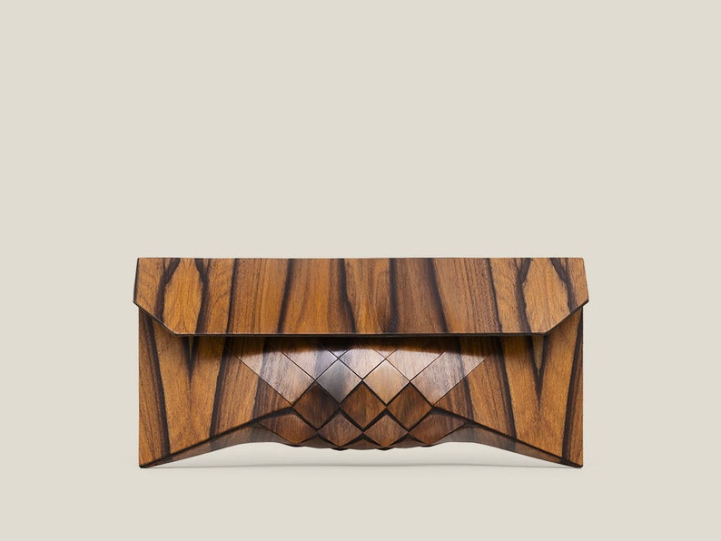 Rose clutch, Rosewood clutch, Geometric wood evening bag, Modern luxury designer handbag. image 1