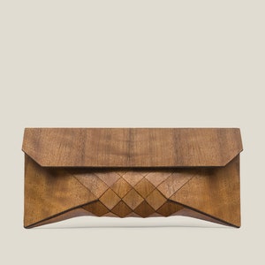 Imbuia clutch, Geometric wood evening bag, Modern luxury designer handbag.