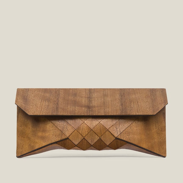 Imbuia Clutch, Geometrische Holz Abendtasche, Moderne Luxus Designer Handtasche.