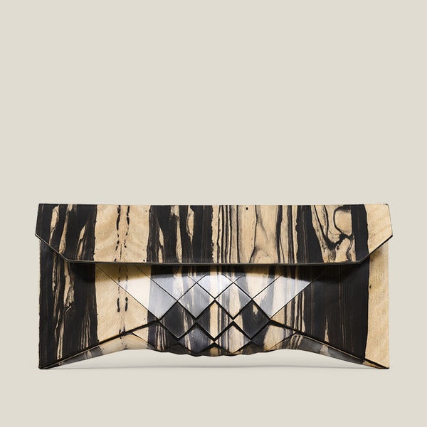 Ebbenhouten clutch, Geometrische houten avondtas, Moderne luxe designer handtas