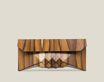 Tiger Rose clutch, Rosewood clutch, Tiger Rose, Geometric wood evening bag, Modern luxury designer handbag.