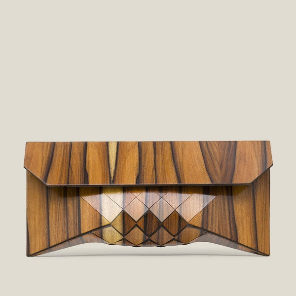 Tiger Rose clutch, Rosewood clutch, Tiger Rose, Geometric wood evening bag, Modern luxury designer handbag.