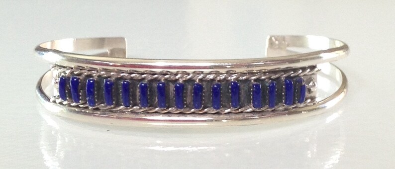 Native American Zuni Sterling Lapis Petit Point Row Bracelet Signed Angie Bailon