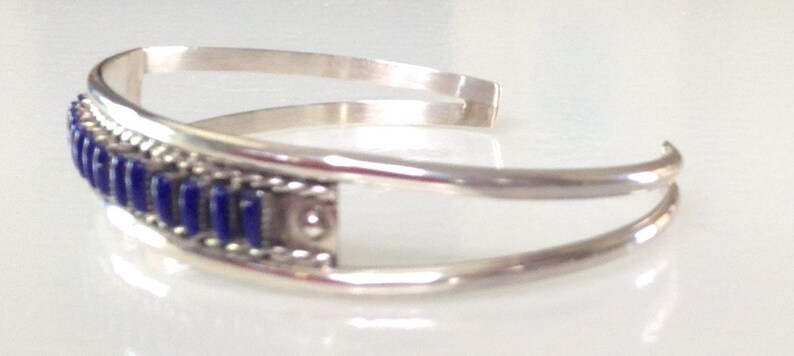 Native American Zuni Sterling Lapis Petit Point Row Bracelet Signed Angie Bailon