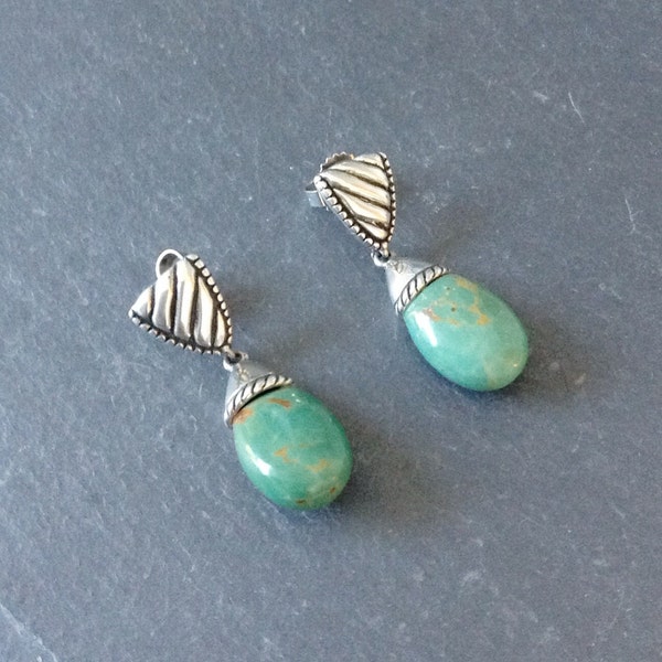 Native American Southwestern Vintage Navajo Green Turquoise Sterling  Post Earrings Signed Carolyn Pollack