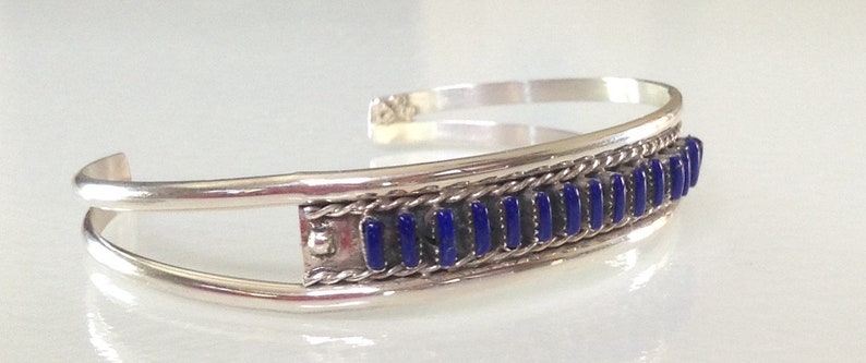 Native American Zuni Sterling Lapis Petit Point Row Bracelet Signed Angie Bailon