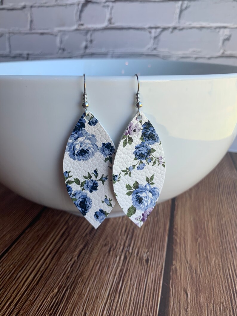 Blue Floral Faux Leather Earrings Leaf Shape Vegan Leather Lightweight Earrings Jewelry