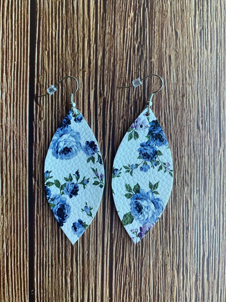 Blue Floral Faux Leather Earrings Leaf Shape Vegan Leather Lightweight Earrings Jewelry