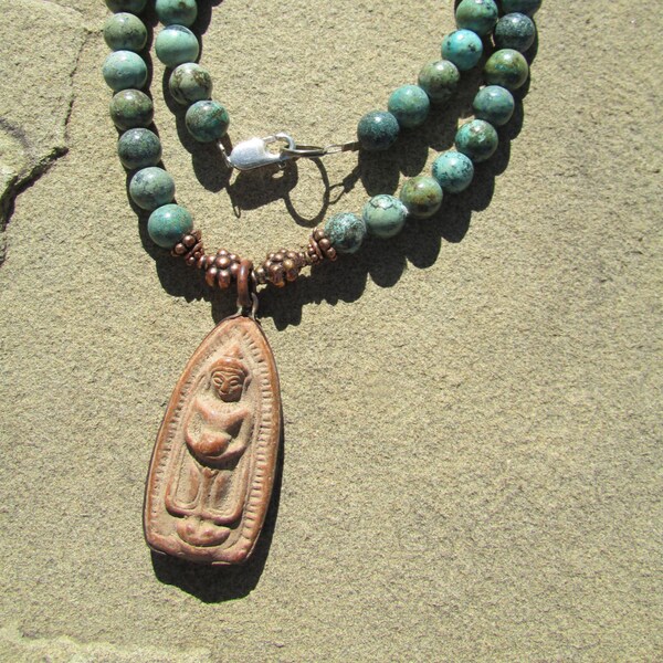 Vintage Thai Buddhist Necklace 18 Inches - Ceramic Monk Pendant in Copper on Turquoise Necklace - Sequoia's Roots