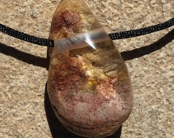 Lens Quartz Pendant, Clear Quartz with Lodolite Mineral Inclusions, Polished Stone with Large Hole Drilled Fits on Chain, Garden Quartz