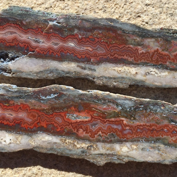 2 Moroccan Seam Agate Slabs, 3.5 and 4 Inch Thin Flat Slice Red Seam Agate, Crystals & Stones, Rocks and Minerals