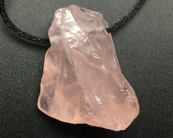 Raw Rose Quartz Pendant, 1.75 Inch Clear Pink Rose Quartz Stone Necklace, Large Hole Drilled Fits on Chain, Raw Stone on Cord