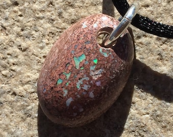 FIRE OPAL Pendant, Mexican Fire Opal Drilled Stone with Sterling Silver, Rainbow Fire Opal in Natural Matrix, Opal Necklace, Stone on a Cord