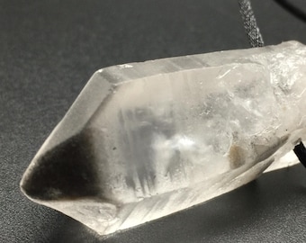 Black Phantom Crystal Pendant, 2.5 Inch Raw Clear Quartz Crystal, Large Hole Drilled Fits on Chain, Raw Crystal Necklace