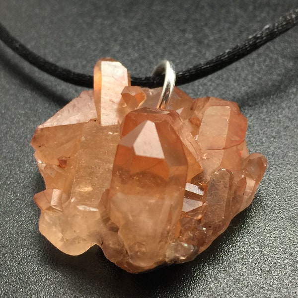 Tangerine Quartz Crystal Pendant, Natural Orange Quartz Crystal Cluster with Sterling Silver, Raw Crystal Necklace